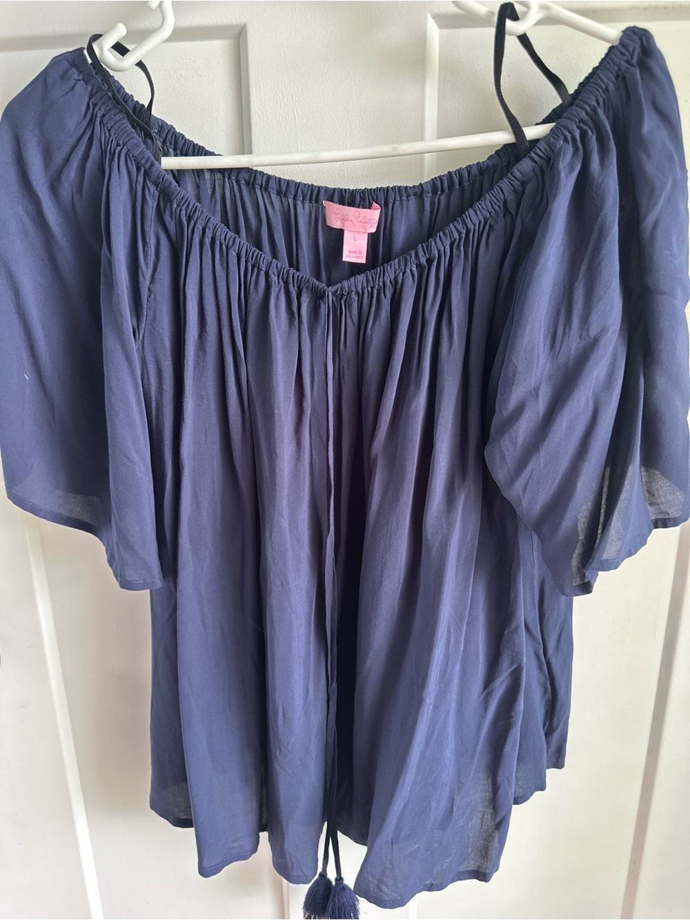 Lilly Pulitzer Navy Off-Shoulder Blouse with Tassel Tie